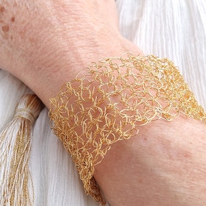 Gold wire crochet bracelet, woven statement cuff, intricate adjustable bracelet image 6