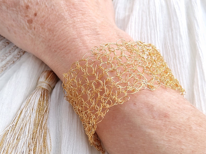 Gold wire crochet bracelet, woven statement cuff, intricate adjustable bracelet image 6