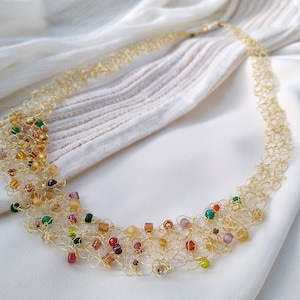 Gold wire crochet necklace, statement necklace, beaded gold wire, colourful beads, collar necklace, hammered wire clasp, statement jewellery