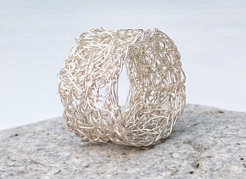 Silver adjustable ring, crochet band ring, handmade statement ring, wire mesh ring image 8