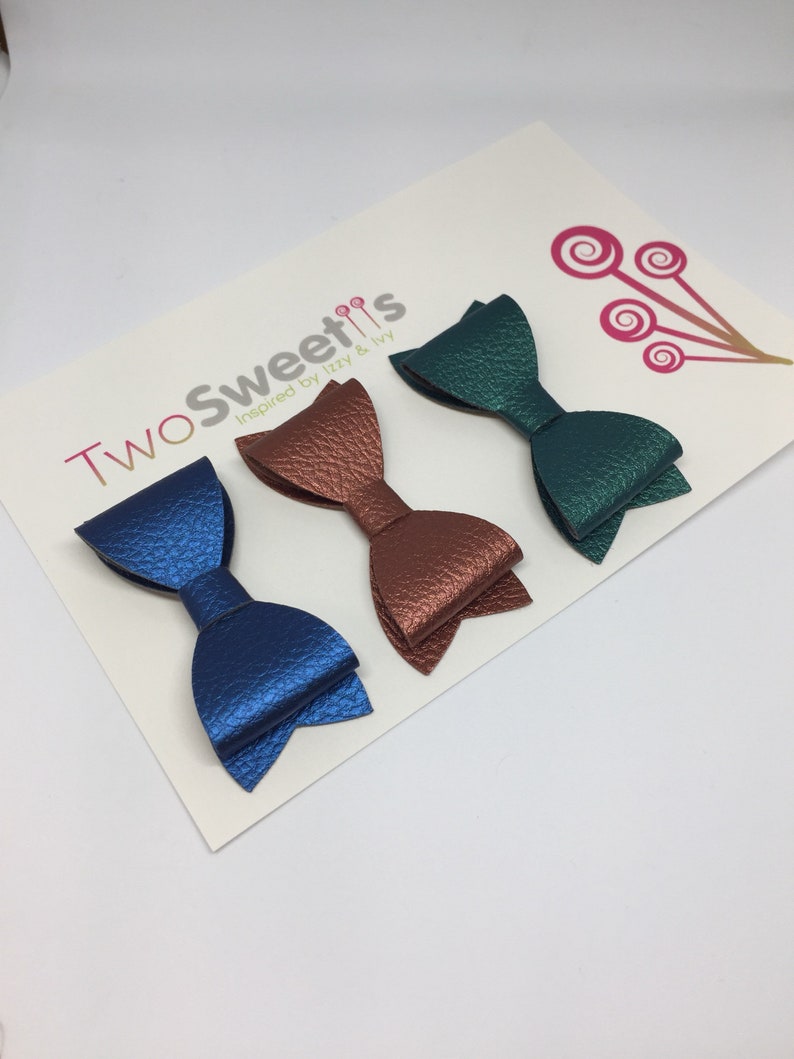 Blue Green and Orange Faux Leather Bows