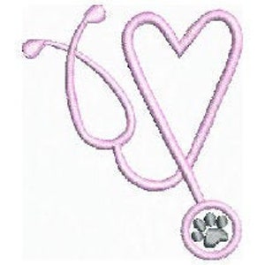 May include: Pink stethoscope in the shape of a heart with a paw print on the end of the stethoscope.