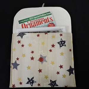 Handmade Patriotic Glittery Stars with Woodgrain Background Fabric Cross Stitch Project Bag/Envelope with Button Closure