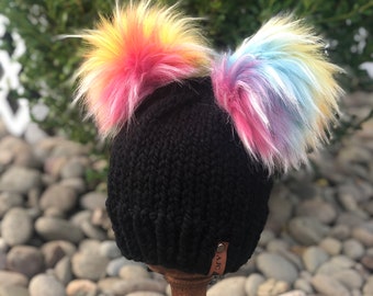 Double Pom Pom Knit Hat - Faux Fur Pom Pom - Rainbow Baby - Knit Hat - Handmade - Toddler - Child - Baby Hat - Choose Color - Beanie