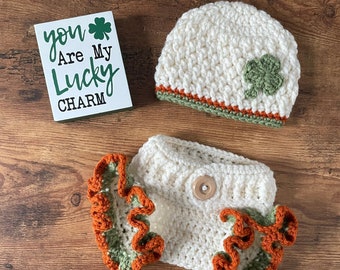 Newborn Crochet Hat and Diaper Cover Set - Newborn Photo Prop - Shamrock - Irish - St. Patrick’s Day - Baby Set - Baby Outfit