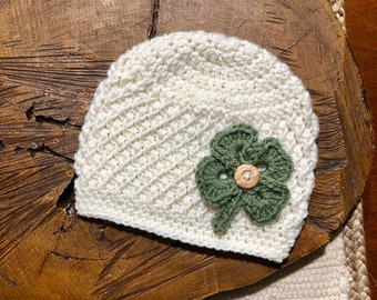 St. Patrick's Day Crochet Hat -Lucky Beanie - Shamrock Hat - Toddler - Baby - Women - Irish Hat - Clover - Shamrock Beanie - Wooden Button