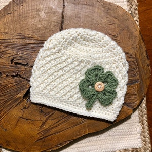 St. Patrick's Day Crochet Hat -Lucky Beanie - Shamrock Hat - Toddler - Baby - Women - Irish Hat - Clover - Shamrock Beanie - Wooden Button