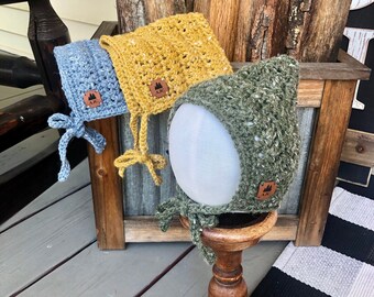 Crochet Pixie Bonnet - Free Shipping - All Sizes - Baby Bonnet - Newborn Photos - Handmade Bonnet - Pixie Hat - Fall Weather - Rustic Bonnet