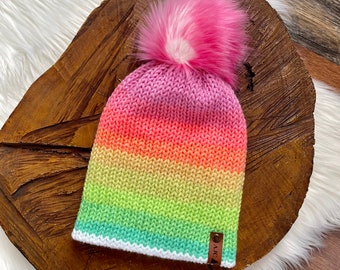 Tik Tok Beanie - Knit Hat - Faux Fur Pom Pom - Rainbow Beanie - Knit Beanie - Rainbow Hat - Handmade Hat