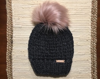 Hand Knit Hat - Fur Pom Pom Hat - Chunky Hat - Toque - Winter Hat - Handmade Womens Hat - Fall Hat - Faux Fur Pom Pom - Blush pom pom