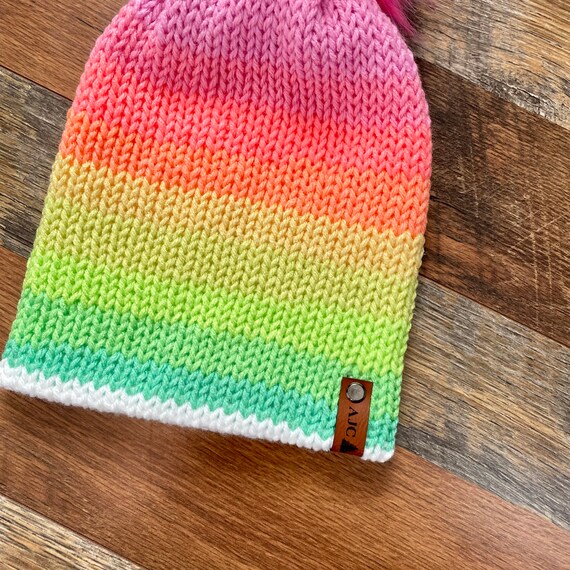 Rainbow Stripe Hat with Faux Fur Pom Pom – Meggles Knits