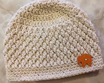 Handmade Crochet Hat with Wooden Elephant Button - Cotton Hat - Beanie - Toddler Hat - Baby Hat - Infant Hat - Texture Hat - Spring Hat
