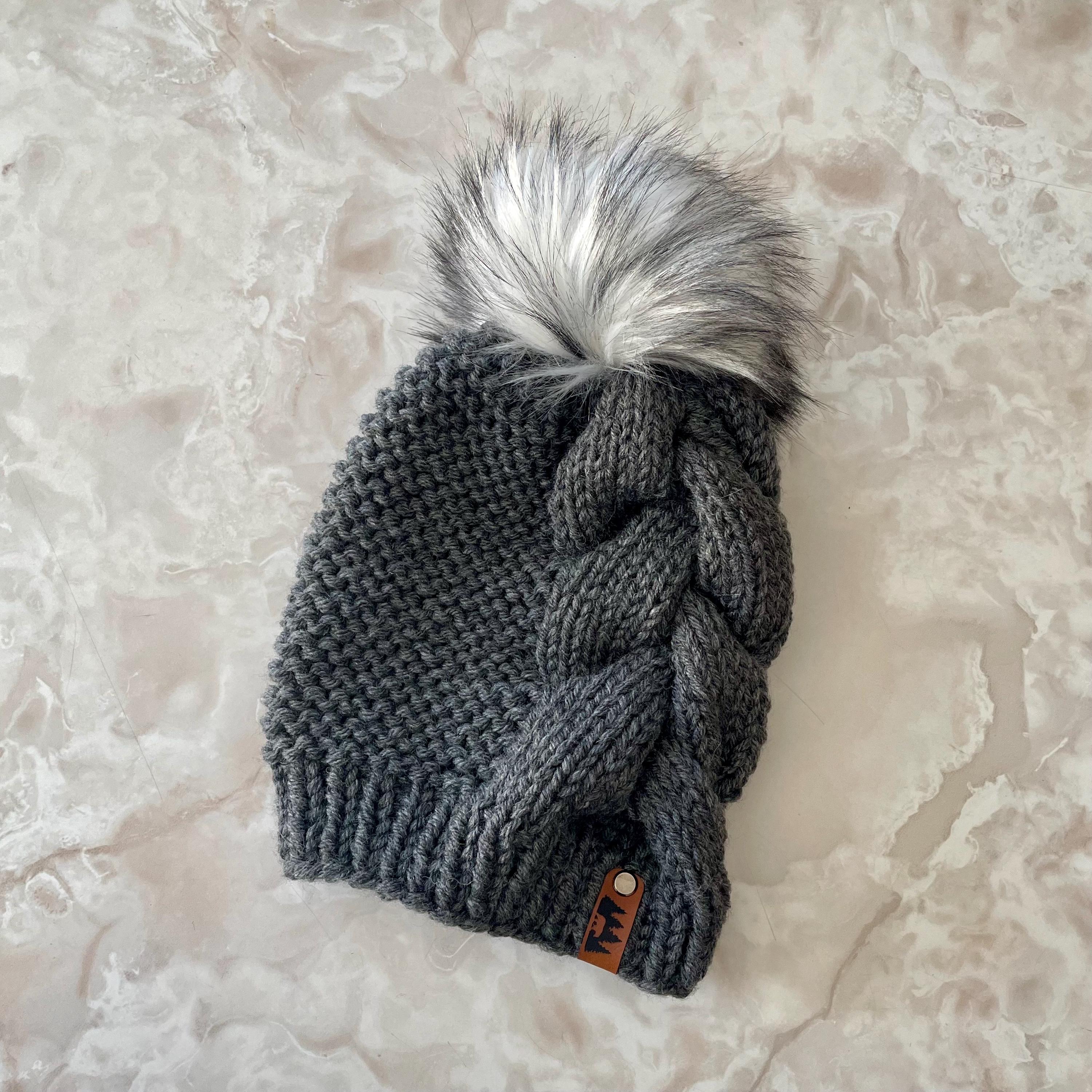 Hand Knit Braided Hat - Faux Fur Pom Pom - Chunky Beanie - Toque