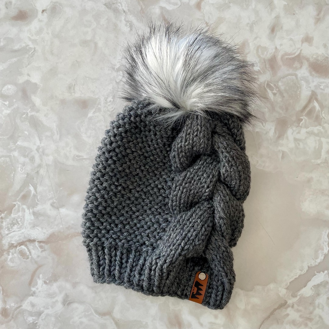 Hand Knit Braided Hat - Faux Fur Pom Pom - Chunky Beanie - Toque
