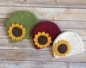 Crochet Sunflower Hat - Fall Hat - Cotton Hat - Beanie - Toddler Hat - Baby - Infant Hat - Handmade Hat - Womens Hat - Autumn