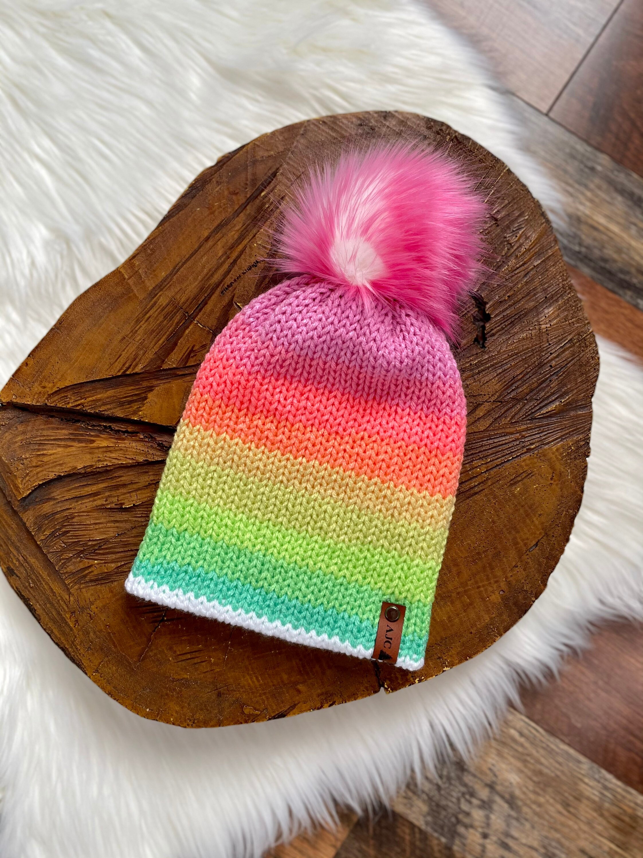 Handmade Knit Hat Tik Tok Beanie Faux Fur Pom Pom Etsy