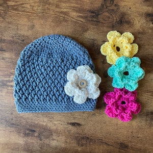 Crochet Hat with 4 Interchangeable Flowers - Handmade Hat - Cotton Hat - Spring - Child - Toddler - Baby