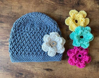 Crochet Hat with 4 Interchangeable Flowers - Handmade Hat - Cotton Hat - Spring - Child - Toddler - Baby