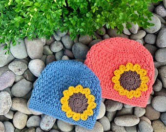 Crochet Sunflower Hat - Spring Hat - Cotton Hat - Choose Color - Beanie - All Sizes - Handmade Hat - Texture Hat - Summer Hat - Flower