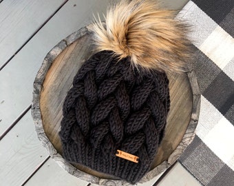 Hand Knit Cable Hat Faux Fur Pom Pom Chunky Beanie Toque - Etsy