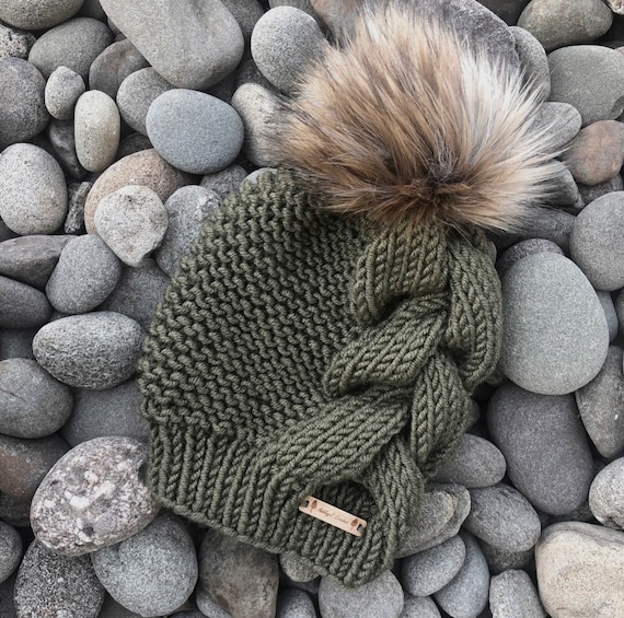 Hand Knit Braided Hat - Faux Fur Pom Pom - Chunky Beanie - Toque - Winter Hat - Cable Beanie - Handmade Womens Hat - Fall Hat