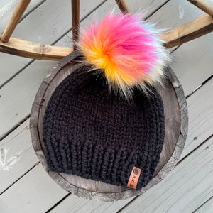 Handmade Beanie - Knit Hat - Rainbow Pom Pom - Kids Hat - Womens Hat - Chunky Hat - Toque - Handmade Hat - Faux Fur - Removable Pom