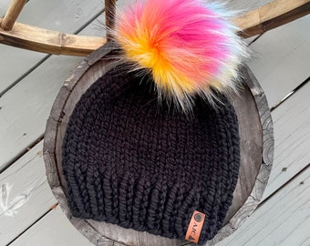 Handmade Beanie - Knit Hat - Rainbow Pom Pom - Kids Hat - Womens Hat - Chunky Hat - Toque - Handmade Hat - Faux Fur - Removable Pom