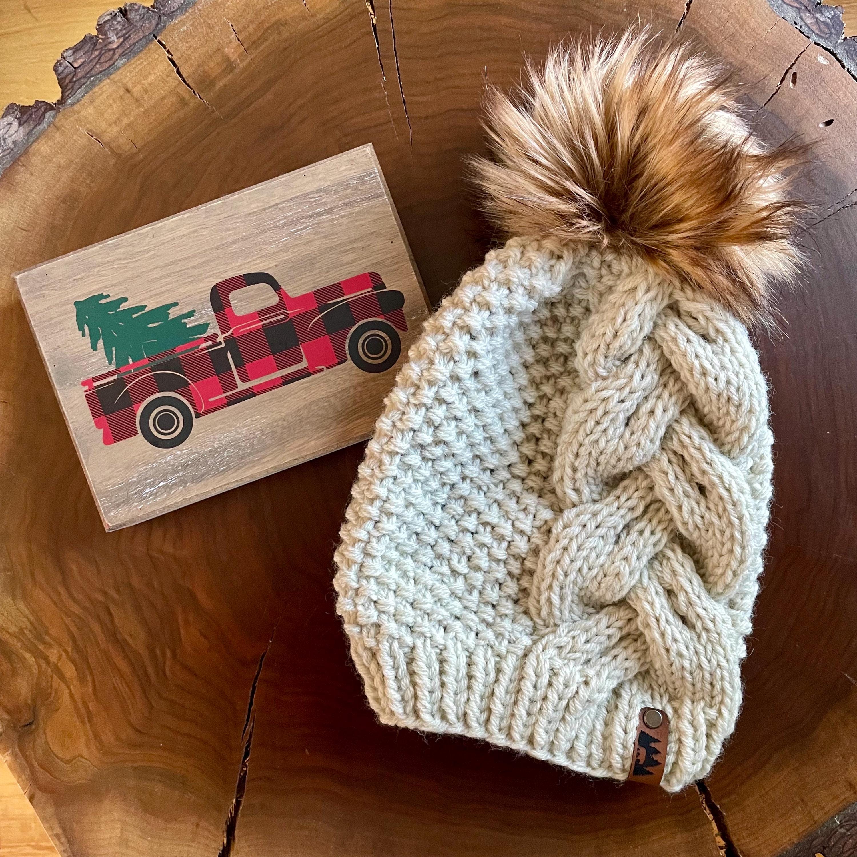 Hand Knit Braided Hat - Faux Fur Pom Pom - Chunky Beanie - Toque