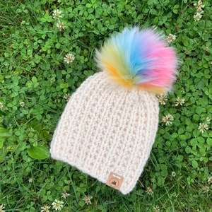 The Skittles Beanie - Knit Hat - Rainbow Pom Pom - Kids Hat - Womens Hat - Chunky Hat - Toque - Handmade Hat - Faux Fur - Removable Pom
