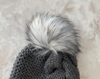Hand Knit Braided Hat - Faux Fur Pom Pom - Chunky Beanie - Toque