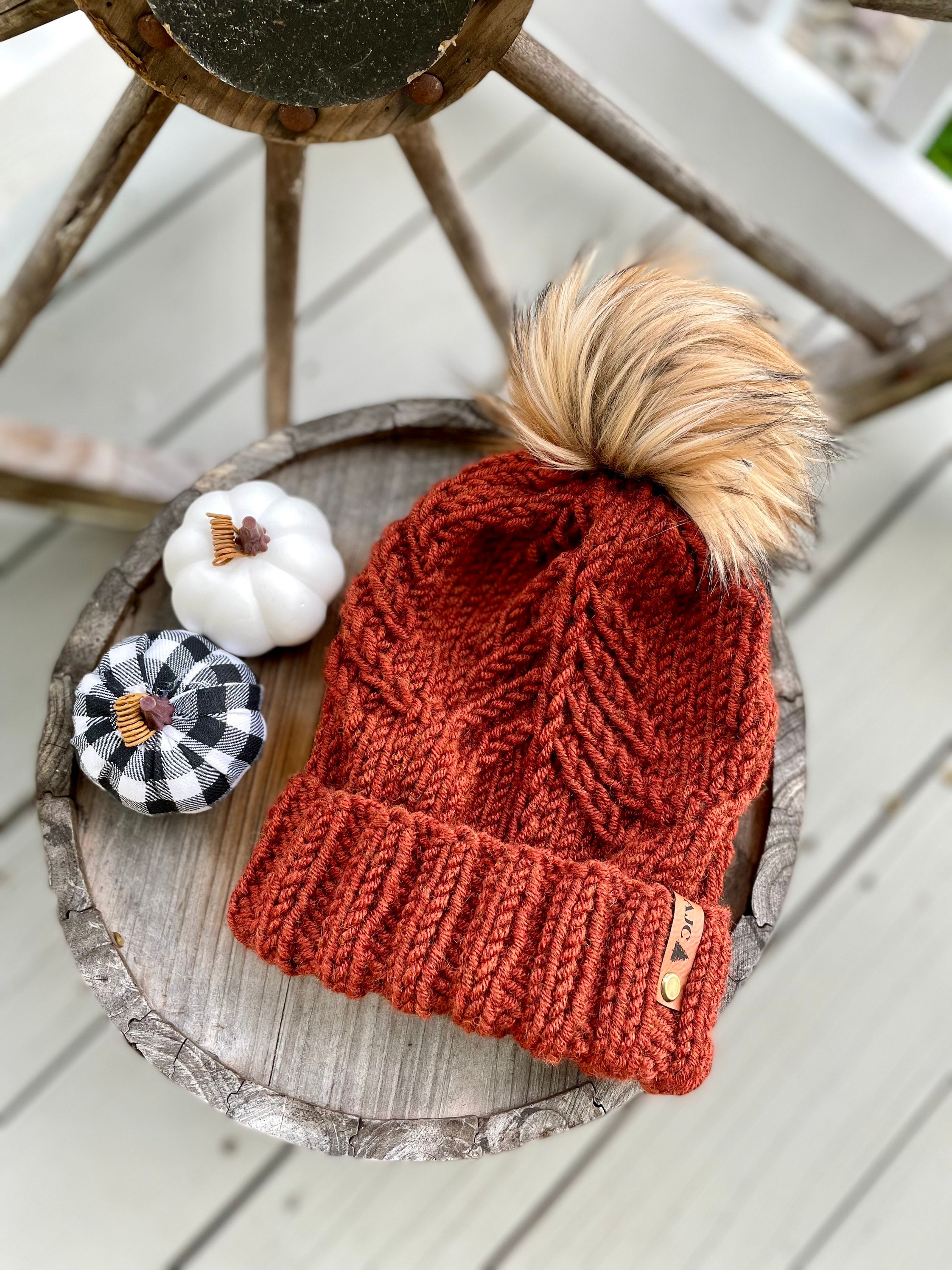 Handmade Unisex New Rust Brown Basket-Weave Pom-Pom‎ Top Knit Beanie - Adult S/M Rust Pom Beanie – Cowkid Clothing Company main image 4