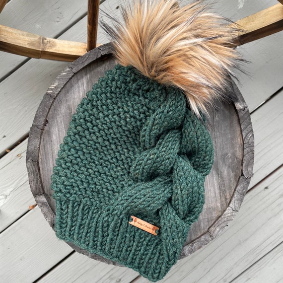 Hand Knit Braided Hat - Faux Fur Pom Pom - Chunky Beanie  display picture 1