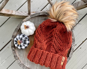 Hand Knit Beanie - Into the Pines Hat - Faux Fur Pom Pom - Chunky Beanie - Winter Hat - Handmade Beanie - Womens Hat - Fall Hat
