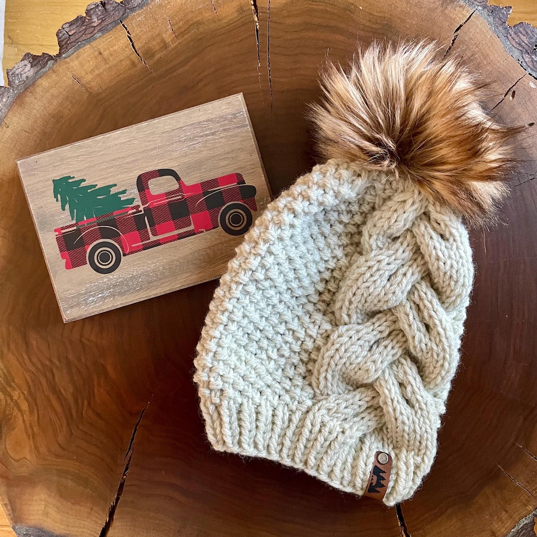 Hand Knit Braided Hat - Faux Fur Pom Pom - Chunky Beanie - Toque