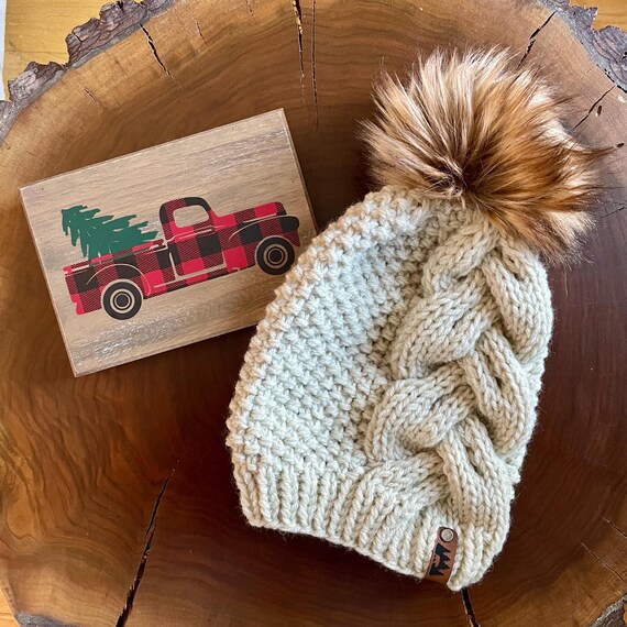 Hand Knit Braided Hat - Faux Fur Pom Pom - Chunky Beanie Hand Knit Braided Hat - Faux Fur Pom Pom - Chunky Beanie