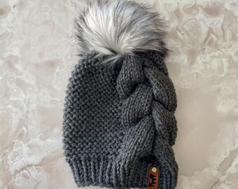 Hand Knit Braided Hat - Faux Fur Pom Pom - Chunky Beanie - Toque