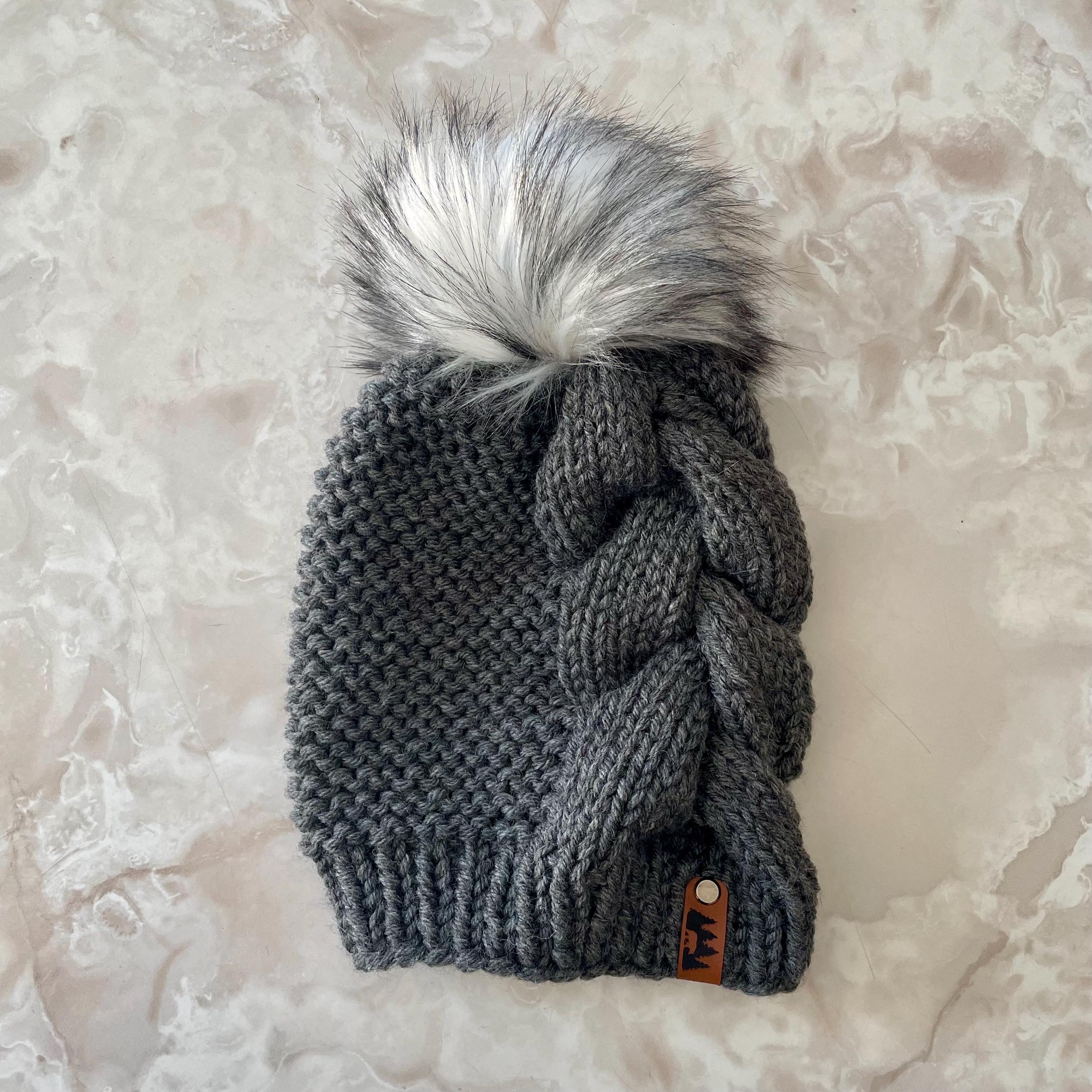 Hand Knit Braided Hat - Faux Fur Pom Pom - Chunky Beanie - Toque