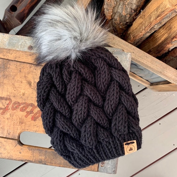 Hand Knit Cable Hat - Faux Fur Pom Pom - Chunky Beanie  display picture 2