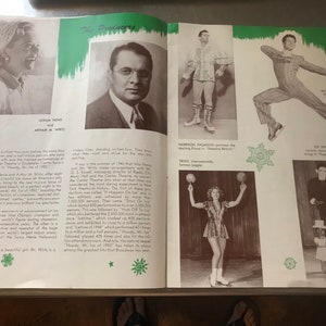 May include: A black and white photo of a group of performers on a stage. The performers are Sonja Henie, Arthur M. Wirtz, Harrison Thomson, Ted, Jo Koff, and a group of children. The photo is from a program for a show called "Howdy, Mr. Ice".