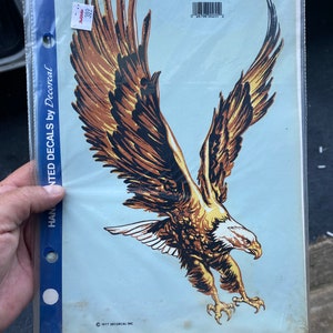 May include: A vintage decal sheet featuring a hand-painted eagle with brown and gold feathers. The eagle is in flight with its wings spread wide. The decal sheet is labeled "Hand Painted Decals by Decorcal" and "B-21".