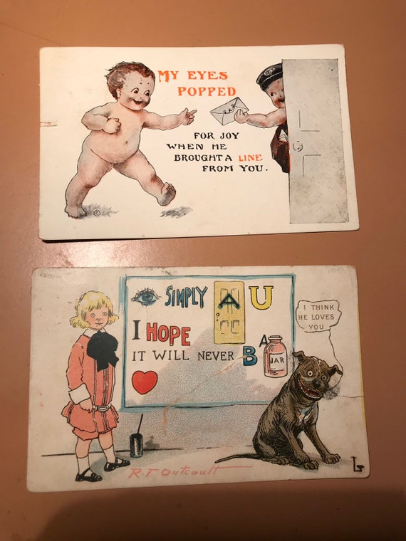 Antique postcards 1910 and 1915 with one cent stamps . Early postcards . Early stamps