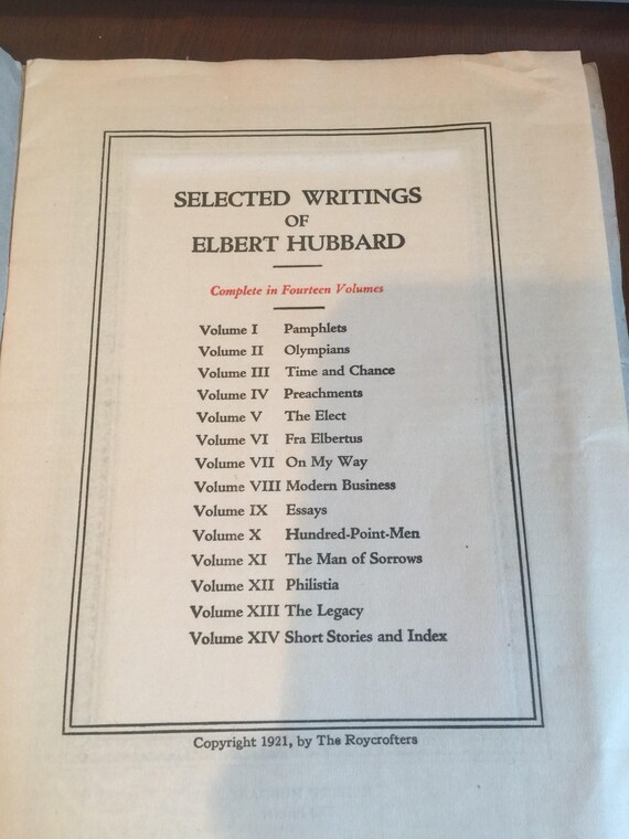 1921 Selected Writings Of Elbert Hubbard Nee York City New York Elbert Hubbard Book - 