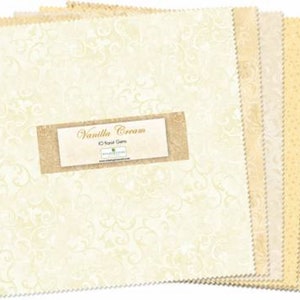 May include: A stack of 10 vanilla cream fabric squares with a floral pattern. The squares are 5 inches by 5 inches and are perfect for quilting, crafts, and other projects.