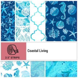 May include: A collection of 2.5 inch fabric strips featuring a variety of coastal-themed patterns. The patterns include starfish, seashells, coral, seahorses, and abstract designs in shades of blue, white, and turquoise. The fabric strips are labeled "Coastal Living" and are perfect for quilting, crafting, and home decor projects.