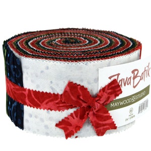 May include: A roll of 40 2 1/2 inch fabric strips in a variety of colors and patterns. The fabric is a batik style and is packaged with a red ribbon. The label reads "Java Batik" and "Maywood Studio".