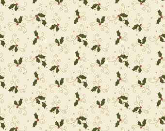 Christmas Greetings Holly Cream Yardage