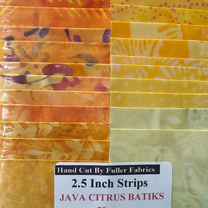 May include: A package of 30 hand-cut 2.5 inch strips of Java Citrus batik fabric. The fabric is a mix of yellow, orange, and red colors with various patterns. The package includes duplicates. Hand Cut By Fuller Fabrics.