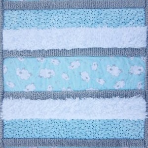 May include: A baby blanket with a blue and white striped pattern. The blanket is made of soft, textured fabric and features a variety of textures, including fluffy white fur, polka dots, and a cloud print.