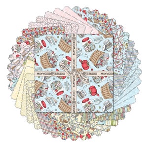 May include: A circular stack of fabric squares in various patterns and colors. The center fabric features a light blue background with illustrations of sewing supplies and jars. The fabric is tied with a ribbon that reads "MAYWOOD STUDIO".