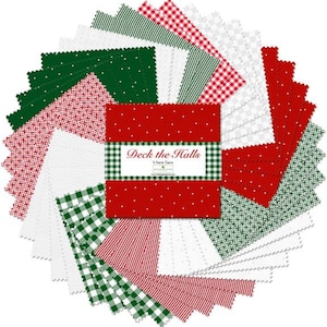 May include: A set of 24 fabric squares in red, green, and white with various patterns, including gingham, stripes, and polka dots. The fabric squares are arranged in a fan shape and labeled "Deck the Halls 5-Inch Squares".